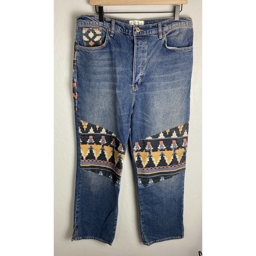 We The Free Blue Denim Wide Leg Jeans with Multicolor Geo Embroidery
